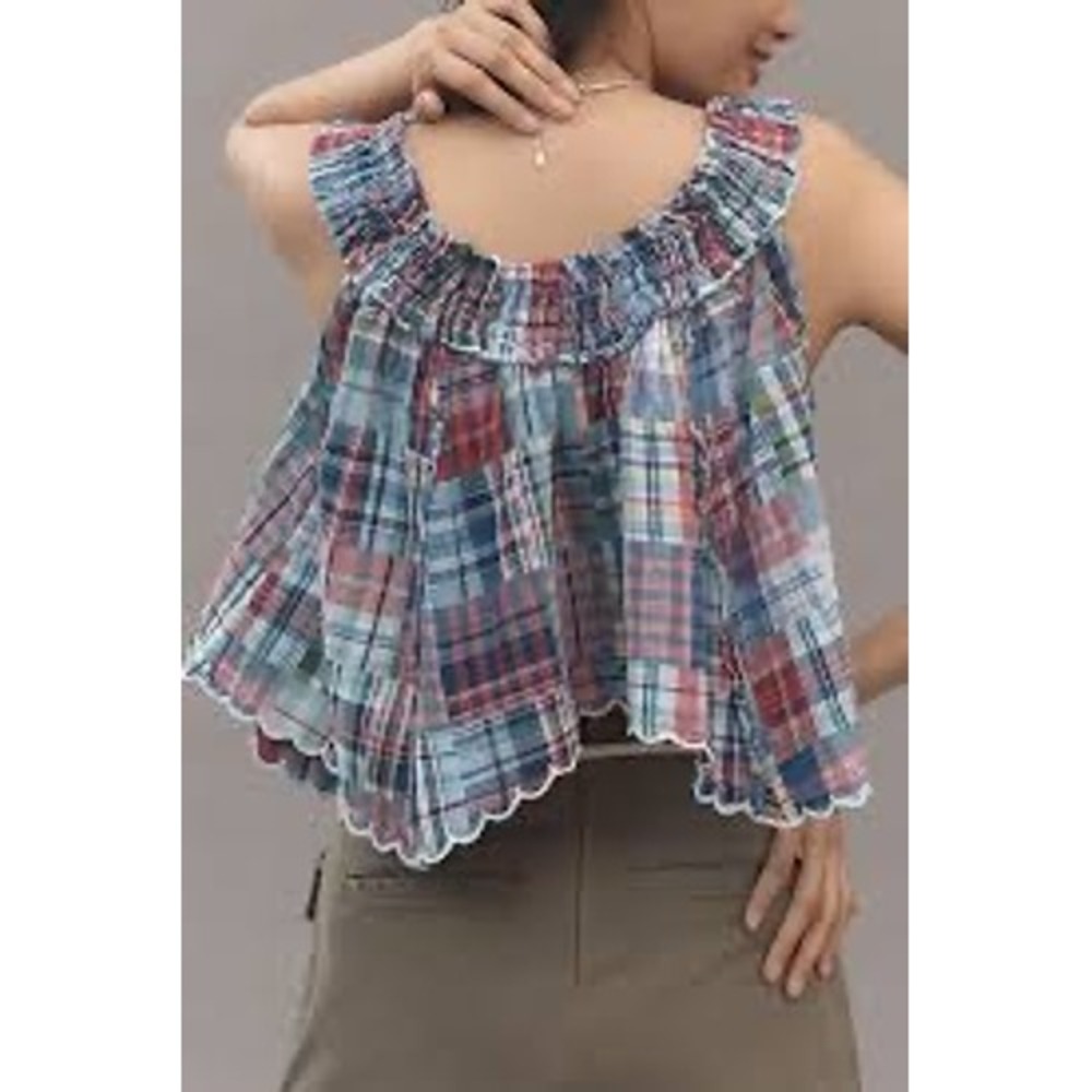 Pilcro Anthropologie Patchwork Plaid Smocked Scalloped Tank Top XS OB2167394